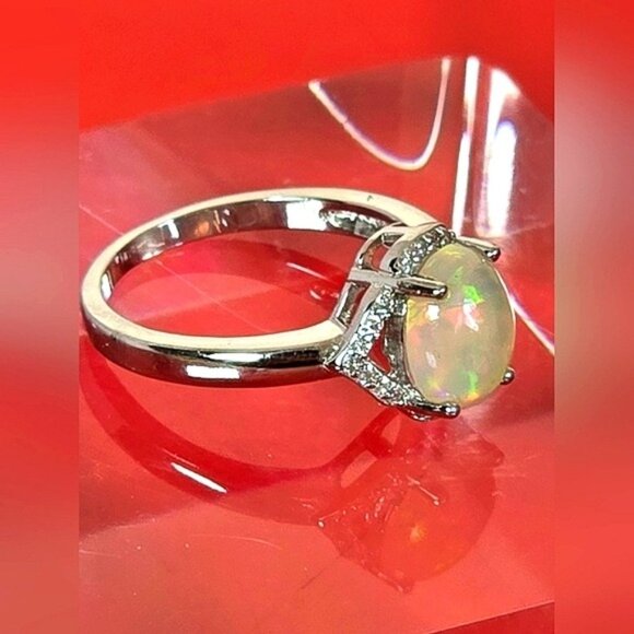 925 Sterling Silver Ring Sz 6.75 With Natural White Opal 6x9mm & Cz - Picture 7 of 12